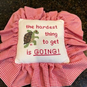 Handmade Cross Stitch Turtle with Ruffle Pillow